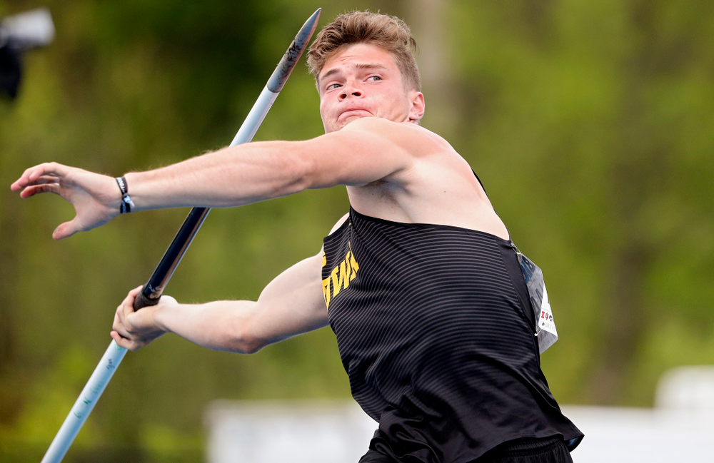 Iowa's Peyton Haack throws in the men’s javelin in the decathlon event on the second day of the Big Ten Outdoor Track and Field Championships at Francis X. Cretzmeyer Track in Iowa City on Saturday, May. 11, 2019. (Stephen Mally/hawkeyesports.com)