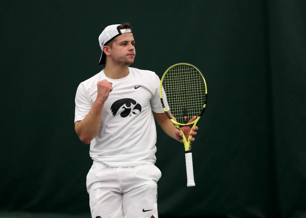 Iowa’s Will Davies against Cornell Sunday, March 8, 2020 at the Hawkeye Tennis and Recreation Center. (Brian Ray/hawkeyesports.com)