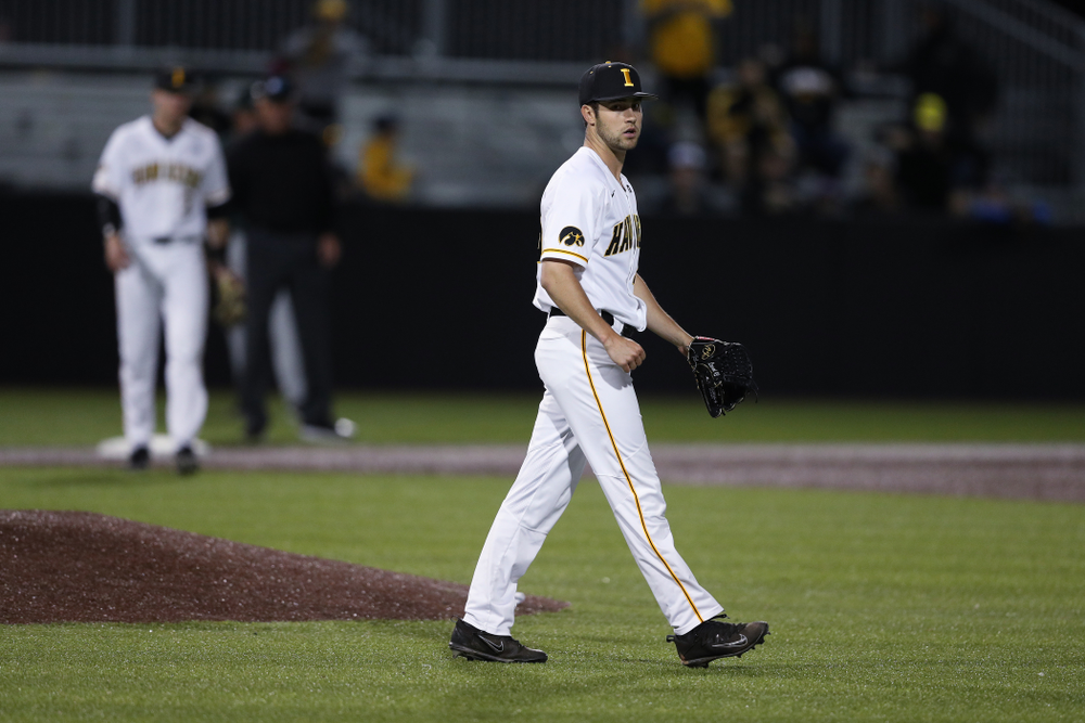 Iowa Hawkeyes Grant Leonard (43) against the Michigan State Spartans Friday, May 10, 2019 at Duane Banks Field. (Brian Ray/hawkeyesports.com)