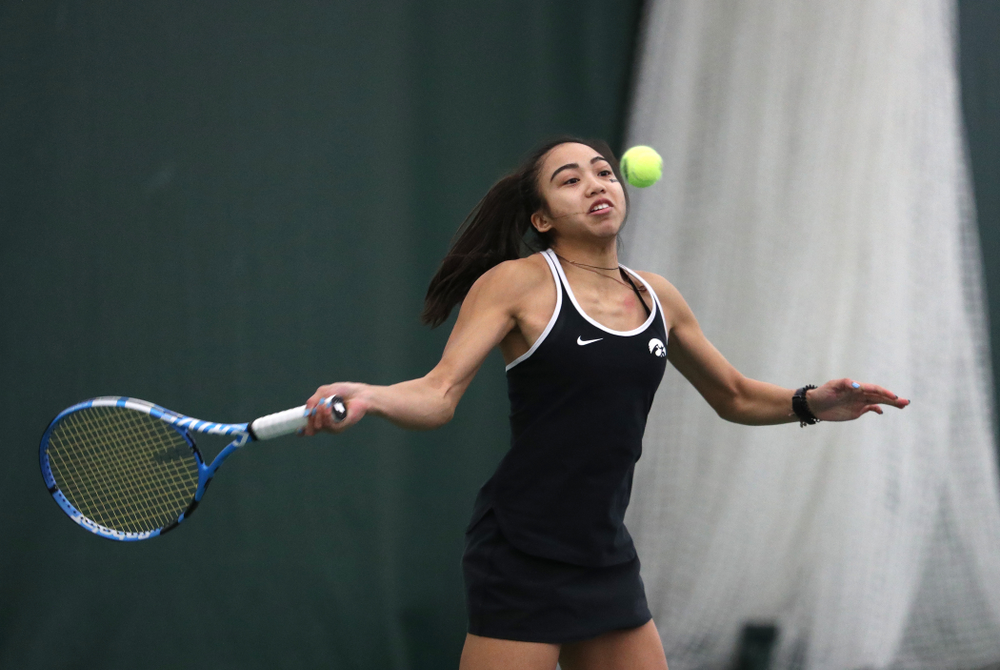 Iowa's Michelle Bacalla and Cloe Ruettte play a doubles match against the Penn State Nittany Lions Sunday, February 24, 2019 at the Hawkeye Tennis and Recreation Complex. (Brian Ray/hawkeyesports.com)