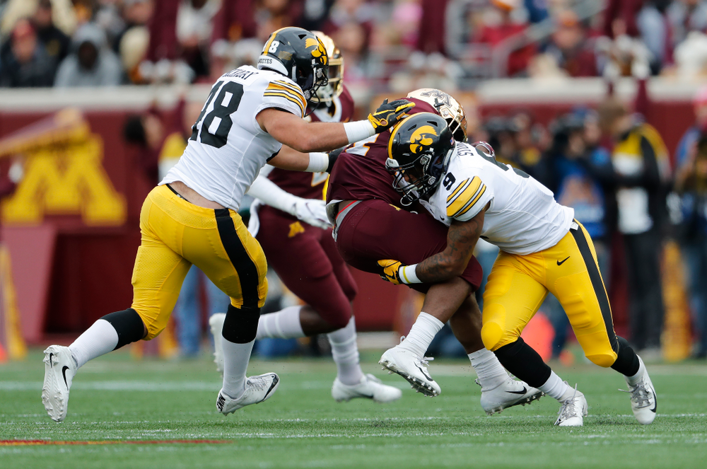 Iowa Hawkeyes defensive back Geno Stone (9) against the Minnesota Golden Gophers Saturday, October 6, 2018 at TCF Bank Stadium. (Brian Ray/hawkeyesports.com)