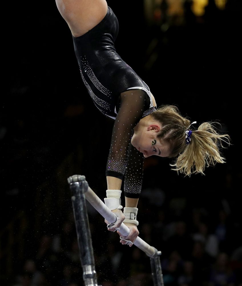 Iowa’s Alex Greenwald competes on the bars against Michigan State Saturday, February 1, 2020 at Carver-Hawkeye Arena. (Brian Ray/hawkeyesports.com)