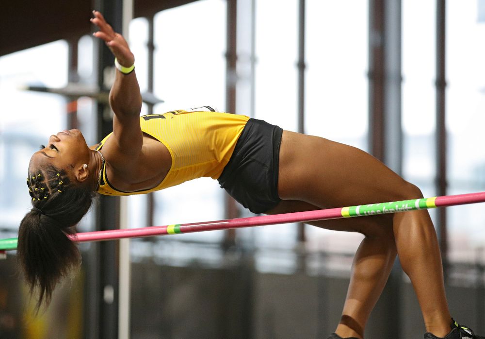 Iowa’s Tionna Tobias competes in the women’s high jump event during the Jimmy Grant Invitational at the Recreation Building in Iowa City on Saturday, December 14, 2019. (Stephen Mally/hawkeyesports.com)