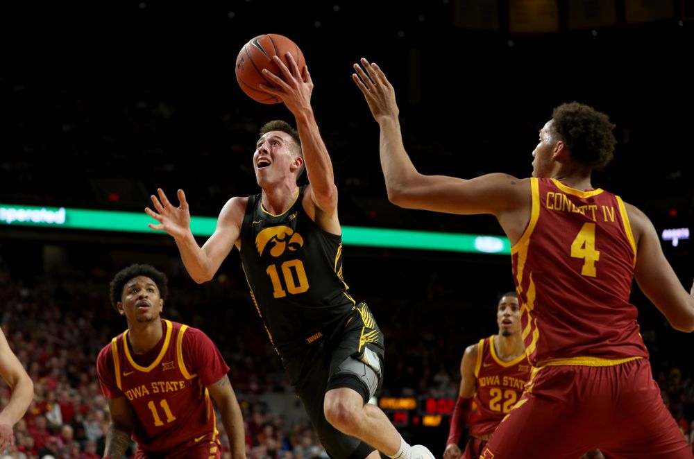 Iowa Hawkeyes guard Joe Wieskamp (10) against the Iowa State Cyclones Thursday, December 12, 2019 at Hilton Coliseum in Ames, Iowa(Brian Ray/hawkeyesports.com)