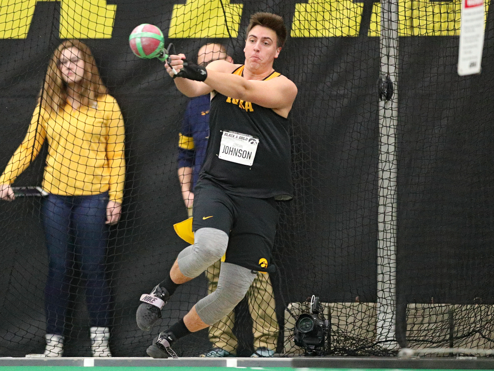 Iowa’s Jordan Johnson throws during the men’s weight throw event at the Hawkeye Tennis and Recreation Complex in Iowa City on Friday, January 31, 2020. (Stephen Mally/hawkeyesports.com)