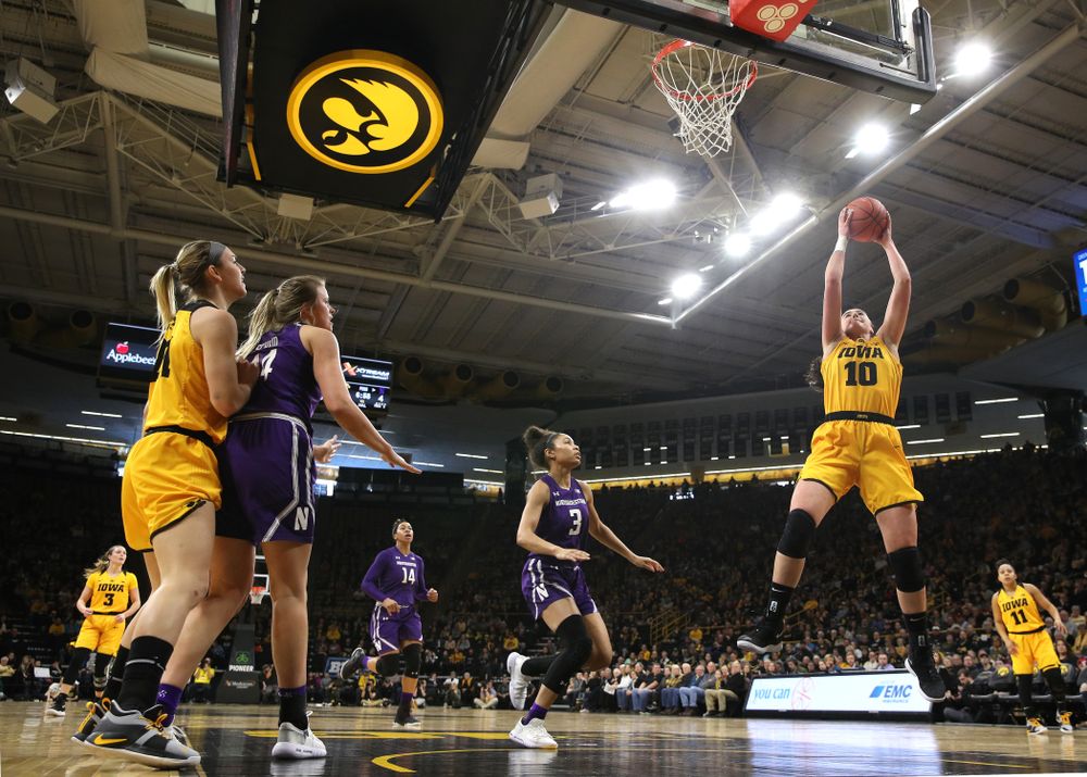 Iowa Hawkeyes forward Megan Gustafson (10) against the Northwestern Wildcats Sunday, March 3, 2019 at Carver-Hawkeye Arena. (Brian Ray/hawkeyesports.com)