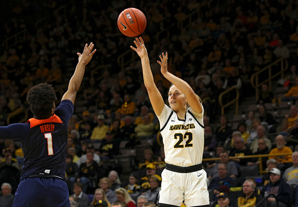 Iowa Hawkeyes guard Kathleen Doyle (22) makes a basket during the first quarter of their game at Carver-Hawkeye Arena in Iowa City on Tuesday, December 31, 2019. (Stephen Mally/hawkeyesports.com)