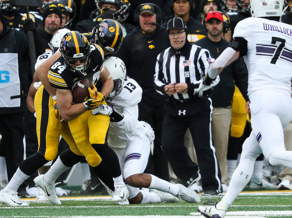 Iowa Hawkeyes wide receiver Nick Easley (84) runs the ball during a game against Northwestern at Kinnick Stadium on November 10, 2018. (Tork Mason/hawkeyesports.com)