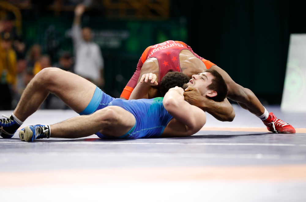 Jordan Burroughs during the gold medal match of the United World Wrestling Freestyle World Cup against Azerbaijan Sunday, April 8, 2018 at Carver-Hawkeye Arena. (Brian Ray/hawkeyesports.com)