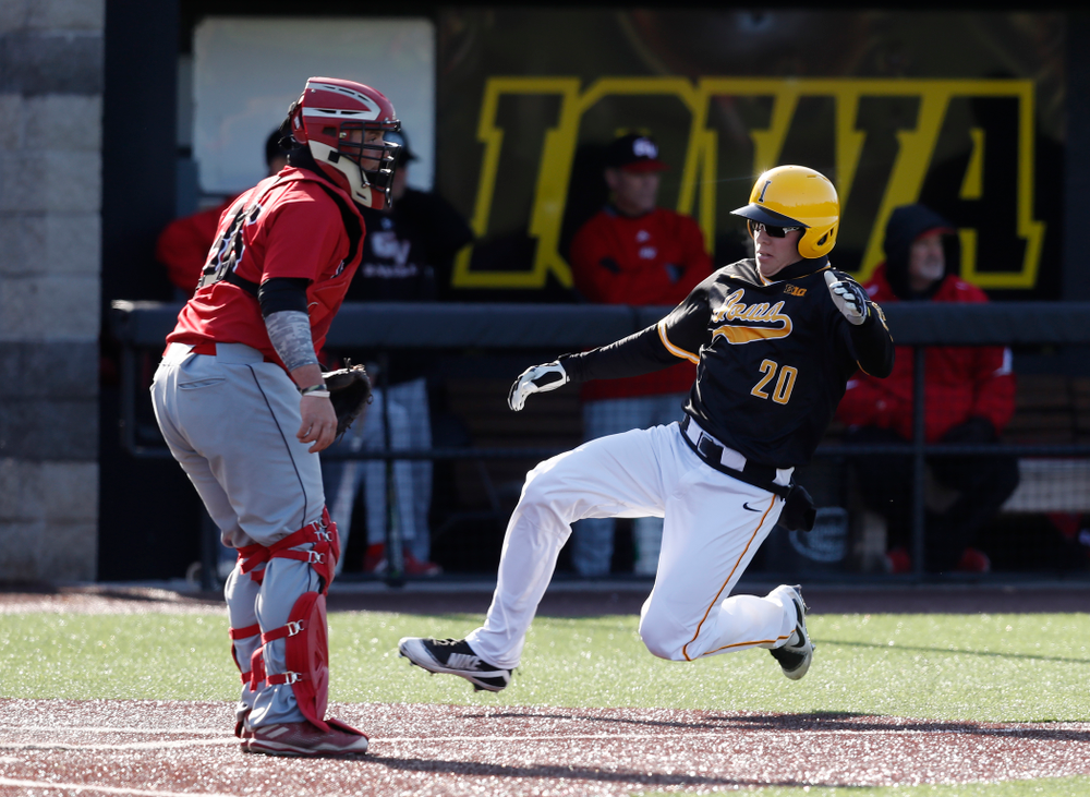 Iowa Hawkeyes catcher Austin Guzzo (20) against Grand View Wednesday, April 4, 2018 at Duane Banks Field. (Brian Ray/hawkeyesports.com)