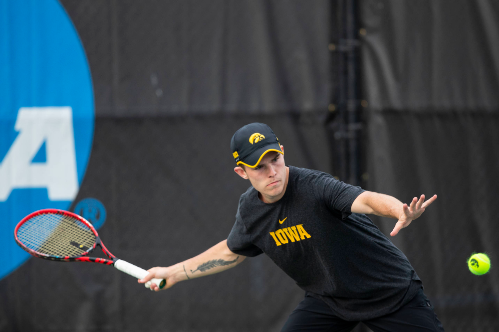 IowaÕs Jonas Larsen at tennis vs Illinois State on Sunday, April 21, 2019 at the Hawkeye Tennis and Recreation Complex. (Lily Smith/hawkeyesports.com)