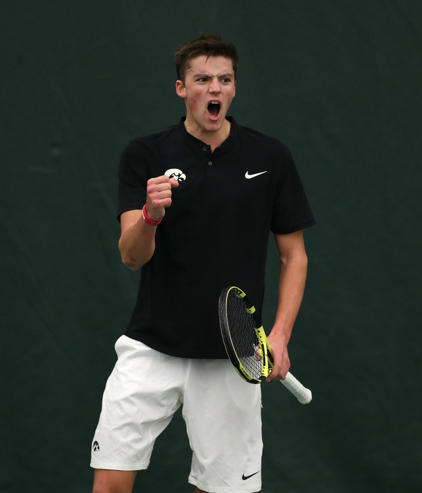 Joe Tyler against Utah Sunday, February 10, 2019 at the Hawkeye Tennis and Recreation Complex. (Brian Ray/hawkeyesports.com)