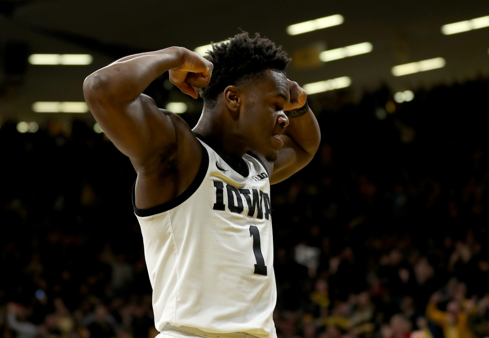 Iowa Hawkeyes guard Joe Toussaint (1) against the Ohio State Buckeyes Thursday, February 20, 2020 at Carver-Hawkeye Arena. (Brian Ray/hawkeyesports.com)