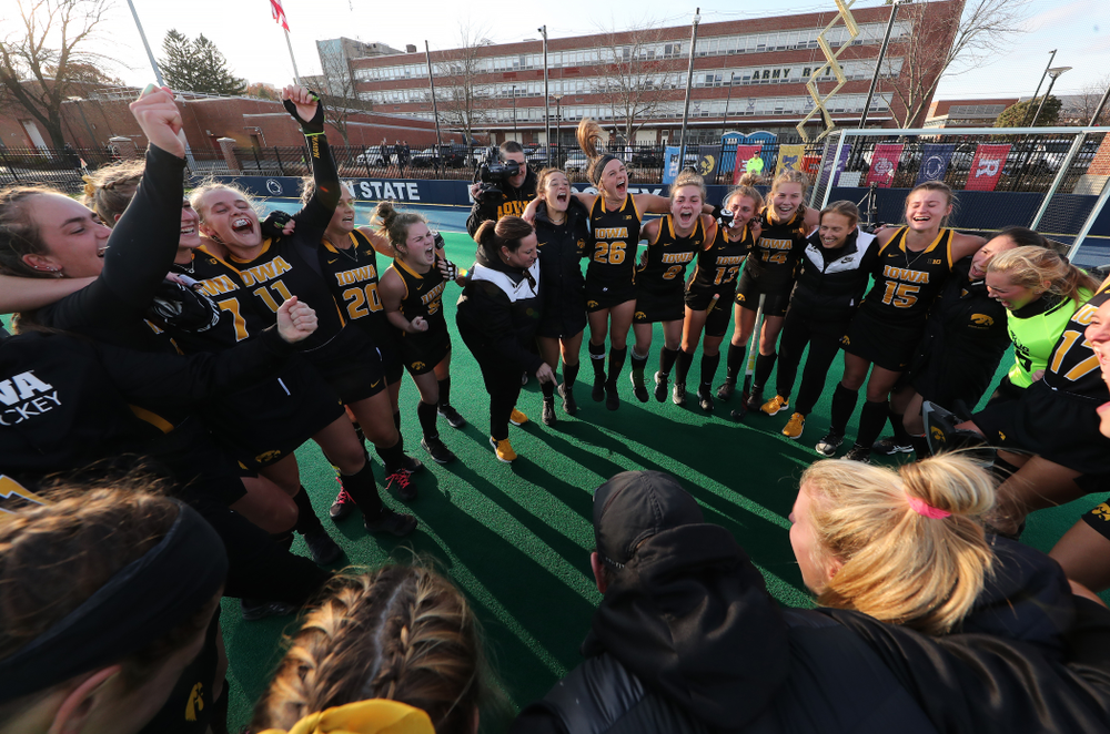 The Iowa Hawkeyes celebrate their victory over Penn State in the 2019 Big Ten Field Hockey Tournament Championship Game Sunday, November 10, 2019 in State College. (Brian Ray/hawkeyesports.com)