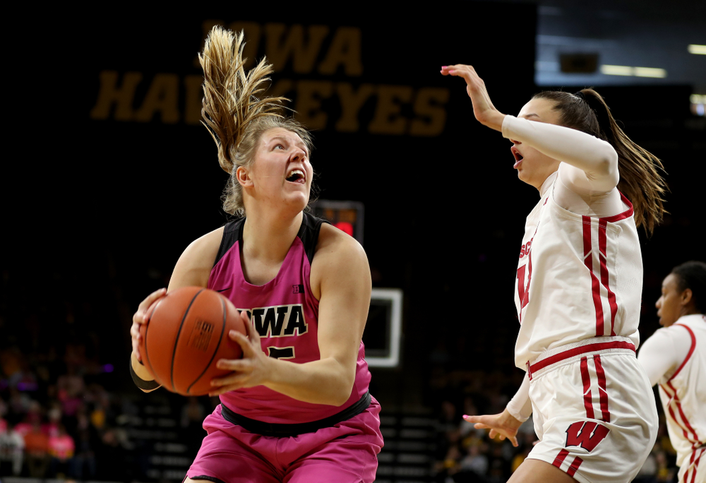 Iowa Hawkeyes forward/center Monika Czinano (25) against the Wisconsin Badgers Sunday, February 16, 2020 at Carver-Hawkeye Arena. (Brian Ray/hawkeyesports.com)