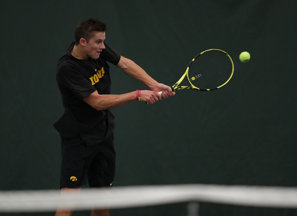 Joe Tyler against the Miami Hurricanes Friday, February 8, 2019 at the Hawkeye Tennis and Recreation Complex. (Brian Ray/hawkeyesports.com)