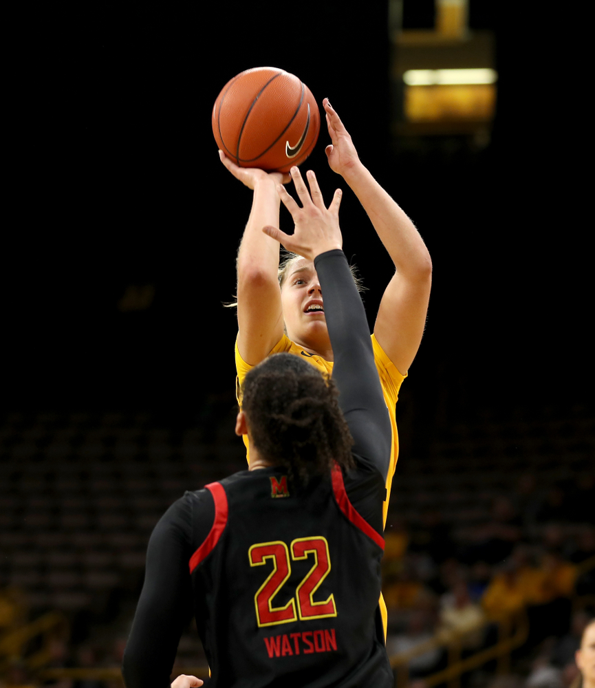 Iowa Hawkeyes guard Kathleen Doyle (22) against the Maryland Terrapins Thursday, January 9, 2020 at Carver-Hawkeye Arena. (Brian Ray/hawkeyesports.com)