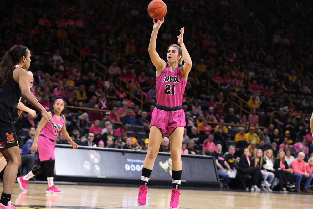 Iowa Hawkeyes forward Hannah Stewart (21) against the seventh ranked Maryland Terrapins Sunday, February 17, 2019 at Carver-Hawkeye Arena. (Brian Ray/hawkeyesports.com)