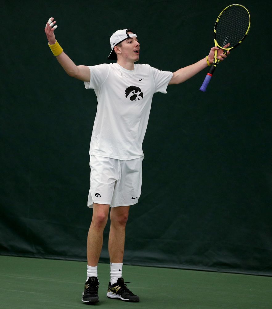 Iowa’s Nikita Snezhko against Cornell Sunday, March 8, 2020 at the Hawkeye Tennis and Recreation Center. (Brian Ray/hawkeyesports.com)