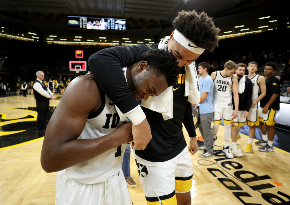 Iowa Hawkeyes guard Joe Toussaint (1) and forward Cordell Pemsl (35) against North Florida Thursday, November 21, 2019 at Carver-Hawkeye Arena. (Brian Ray/hawkeyesports.com)