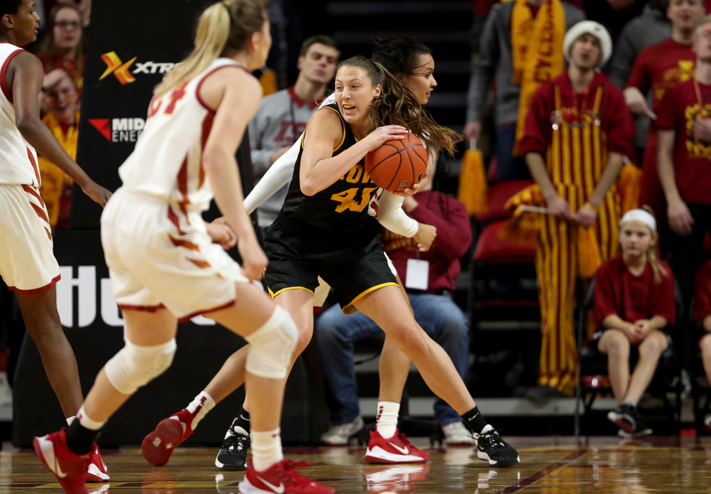 Iowa Hawkeyes forward Amanda Ollinger (43) against the Iowa State Cyclones Wednesday, December 11, 2019 at Hilton Coliseum in Ames, Iowa(Brian Ray/hawkeyesports.com)