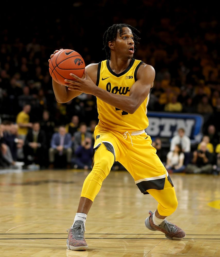 Iowa Hawkeyes guard Bakari Evelyn (4) against the Nebraska Cornhuskers Saturday, February 8, 2020 at Carver-Hawkeye Arena. (Brian Ray/hawkeyesports.com)
