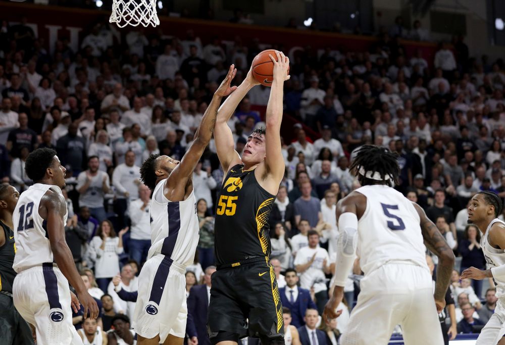 Iowa Hawkeyes forward Luka Garza (55) goes to the hoop against Penn State Friday, January 3, 2020 at the Palestra in Philadelphia. (Brian Ray/hawkeyesports.com)
