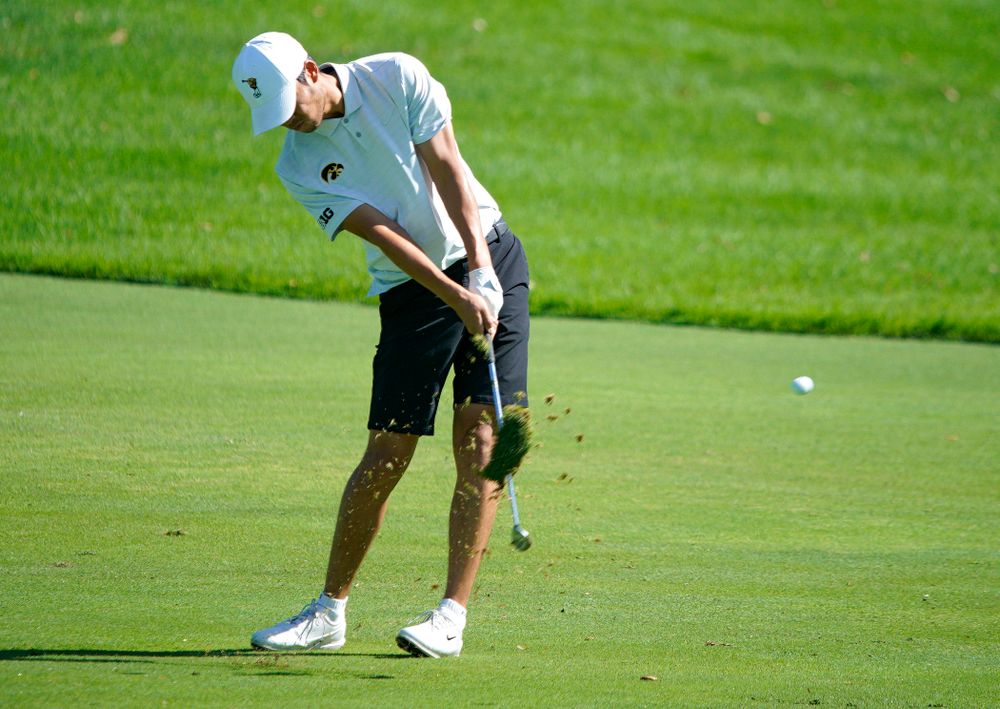 Iowa’s Joe Kim hits from the fairway during the second day of the Golfweek Conference Challenge at the Cedar Rapids Country Club in Cedar Rapids on Monday, Sep 16, 2019. (Stephen Mally/hawkeyesports.com)