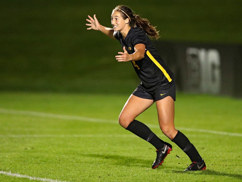 Iowa forward Kaleigh Haus (4) celebrates after scoring a goal during the second half of their match against Illinois at the Iowa Soccer Complex in Iowa City on Thursday, Sep 26, 2019. (Stephen Mally/hawkeyesports.com)