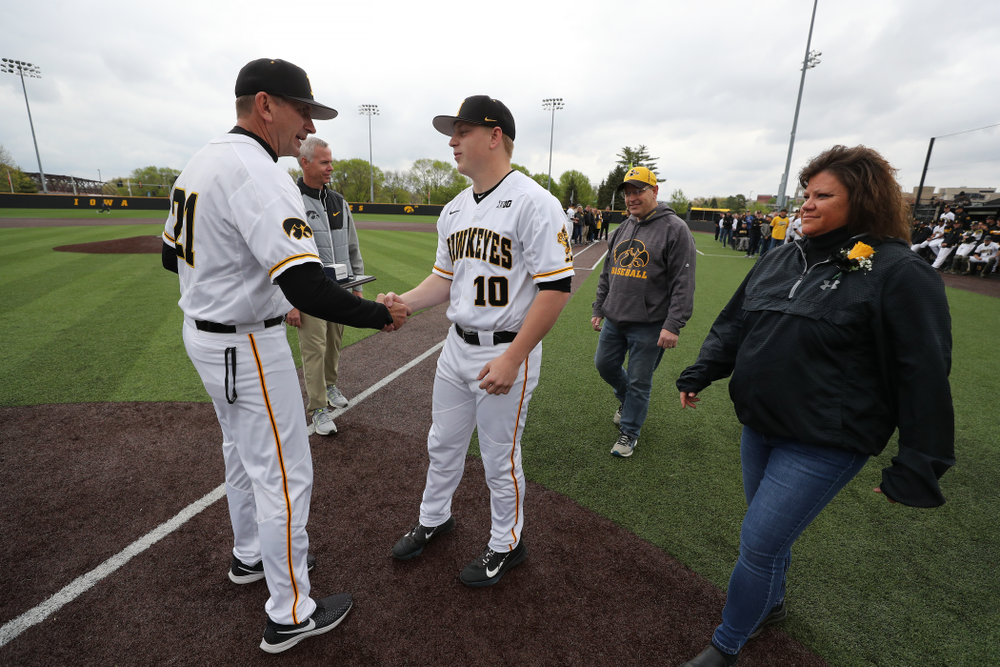 IIowa Hawkeyes Derek Lieurance (10) during senior day festivities before their game against Michigan State Sunday, May 12, 2019 at Duane Banks Field. (Brian Ray/hawkeyesports.com)