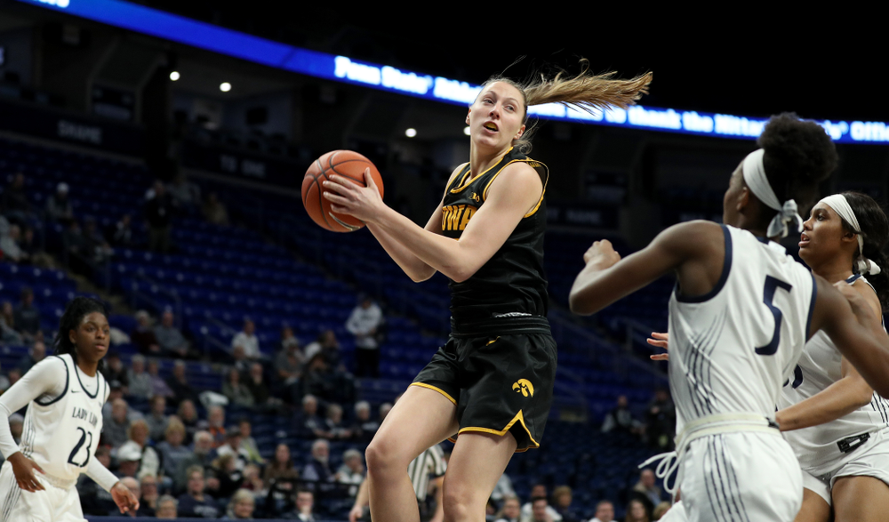 Iowa Hawkeyes forward Amanda Ollinger (43) against the Penn State Nittany Lions Thursday, January 30, 2020 at the Bryce Jordan Center. (Brian Ray/hawkeyesports.com)