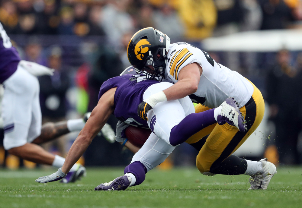 Iowa Hawkeyes linebacker Dillon Doyle (43) against the Northwestern Wildcats Saturday, October 26, 2019 at Ryan Field in Evanston, Ill. (Brian Ray/hawkeyesports.com)