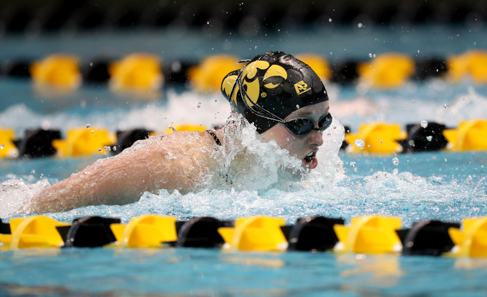 IowaÕs Kelsey Drake competes in the 200 yard butterfly against Notre Dame and Illinois Saturday, January 11, 2020 at the Campus Recreation and Wellness Center. (Brian Ray/hawkeyesports.com)