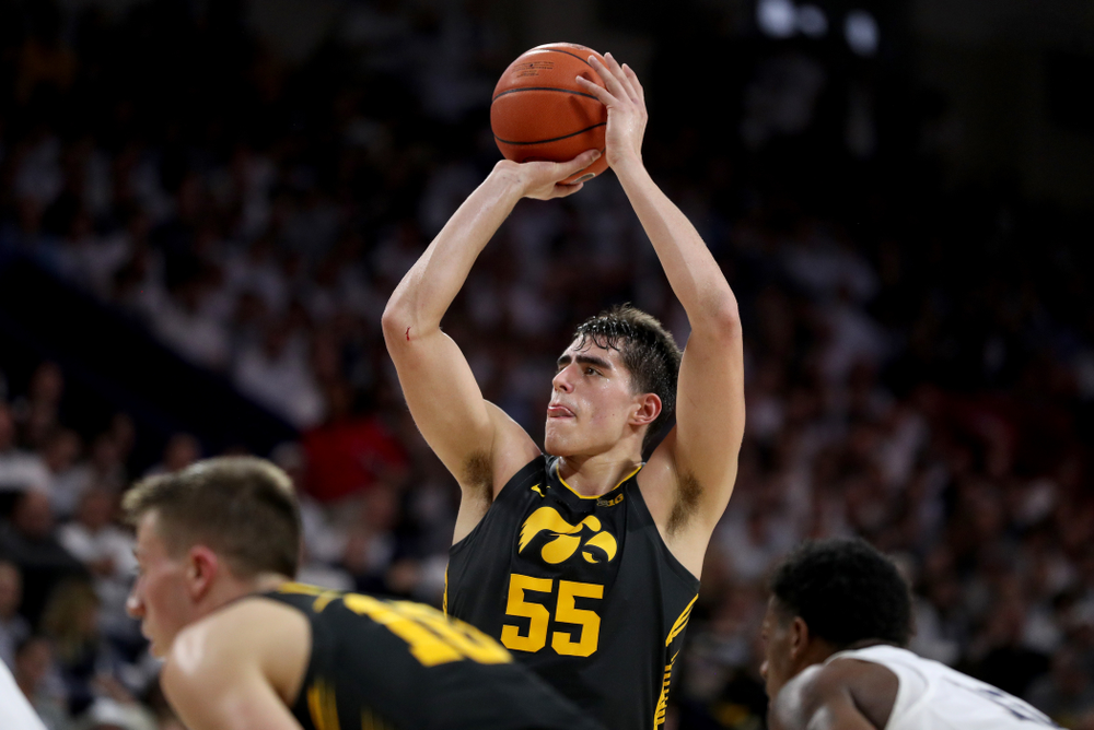 Iowa Hawkeyes forward Luka Garza (55) against Penn State Saturday, January 4, 2020 at the Palestra in Philadelphia. (Brian Ray/hawkeyesports.com)
