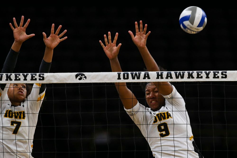 Iowa Hawkeyes setter Brie Orr (7) and Iowa Hawkeyes middle blocker Amiya Jones (9) against Coastal Carolina Friday, September 20, 2019 at Carver-Hawkeye Arena. (Lily Smith/hawkeyesports.com)