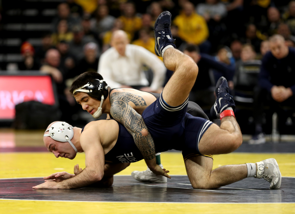 Iowa’s Pat Lugo wrestles Penn State’s Jarod Verkleeren at 149 pounds Friday, January 31, 2020 at Carver-Hawkeye Arena. Lugo defeated Verkleeren 6-1. (Brian Ray/hawkeyesports.com)