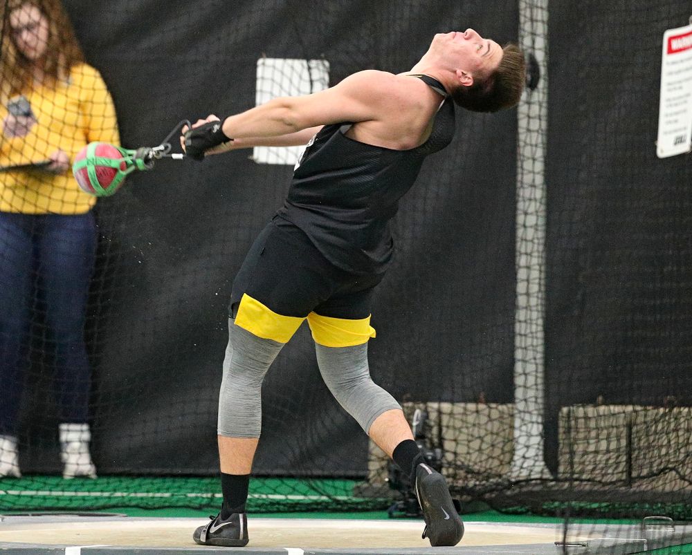 Iowa’s Jordan Johnson throws during the men’s weight throw event at the Hawkeye Tennis and Recreation Complex in Iowa City on Friday, January 31, 2020. (Stephen Mally/hawkeyesports.com)