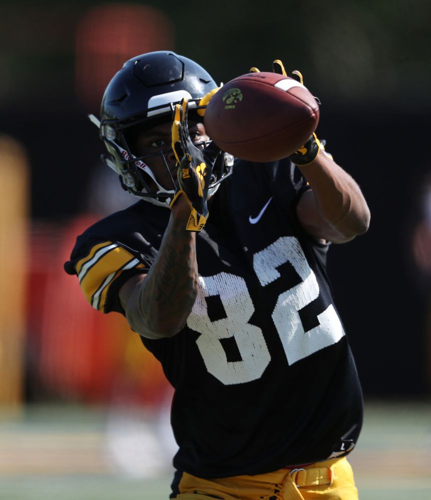 Iowa Hawkeyes wide receiver Calvin Lockett (82) during Fall Camp Practice No. 5 Tuesday, August 6, 2019 at the Ronald D. and Margaret L. Kenyon Football Practice Facility. (Brian Ray/hawkeyesports.com)