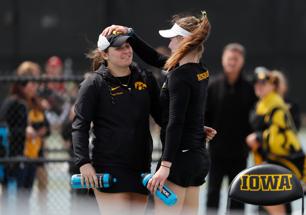 Iowa's Anastasia Reimchen against the Wisconsin Badgers Sunday, April 22, 2018 at the Hawkeye Tennis and Recreation Center. (Brian Ray/hawkeyesports.com)