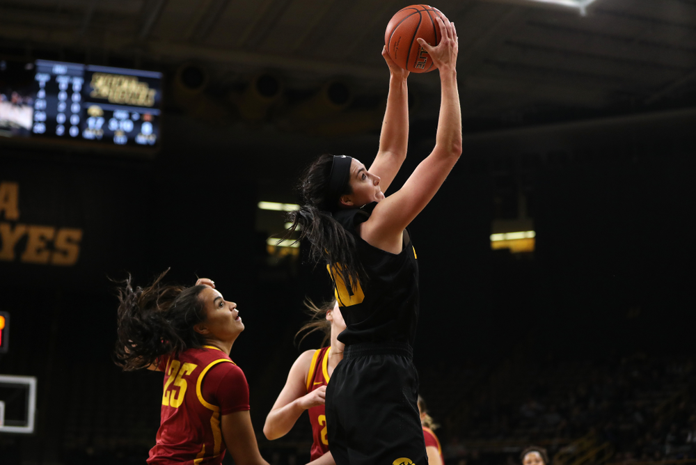 Iowa Hawkeyes forward Megan Gustafson (10) against the Iowa State Cyclones in the Iowa Corn Cy-Hawk Series Wednesday, December 5, 2018 at Carver-Hawkeye Arena. (Brian Ray/hawkeyesports.com)