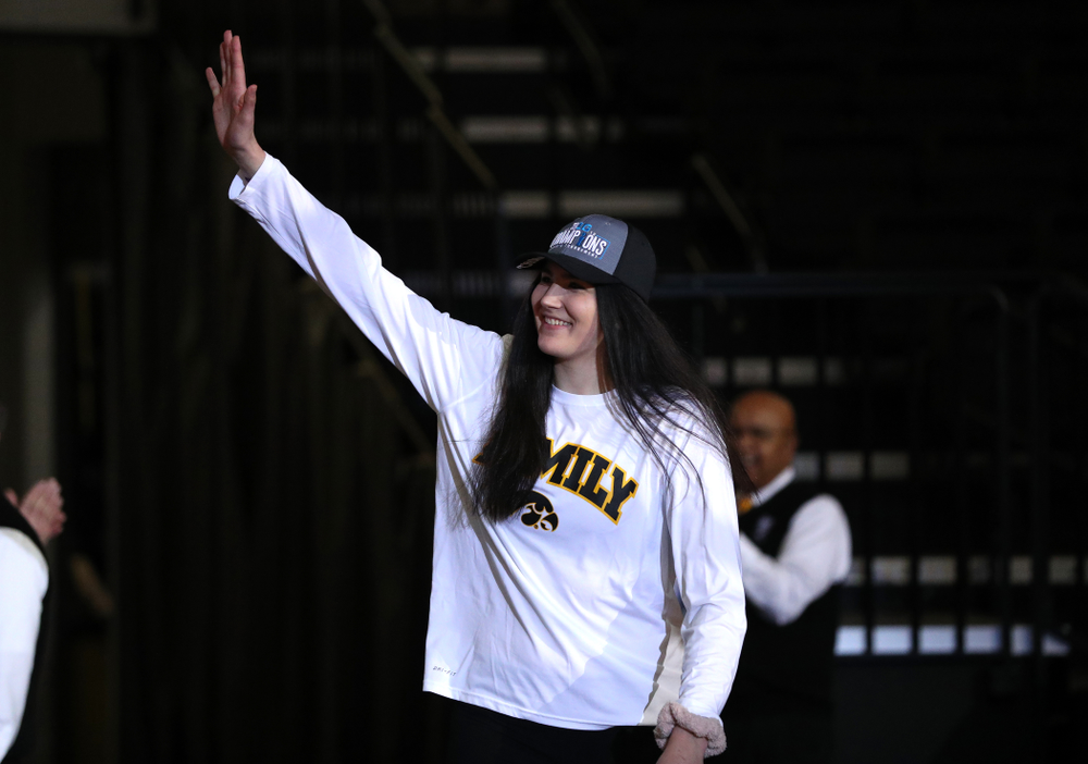 Iowa Hawkeyes forward Megan Gustafson (10) during a celebration of their Big Ten Women's Basketball Tournament championship Monday, March 18, 2019 at Carver-Hawkeye Arena. (Brian Ray/hawkeyesports.com)