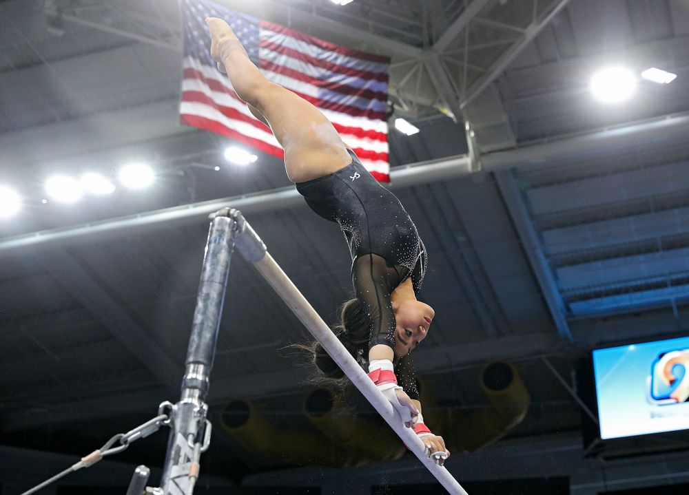 Iowa’s Clair Kaji competes on the bars during their meet at Carver-Hawkeye Arena in Iowa City on Sunday, March 8, 2020. (Stephen Mally/hawkeyesports.com)