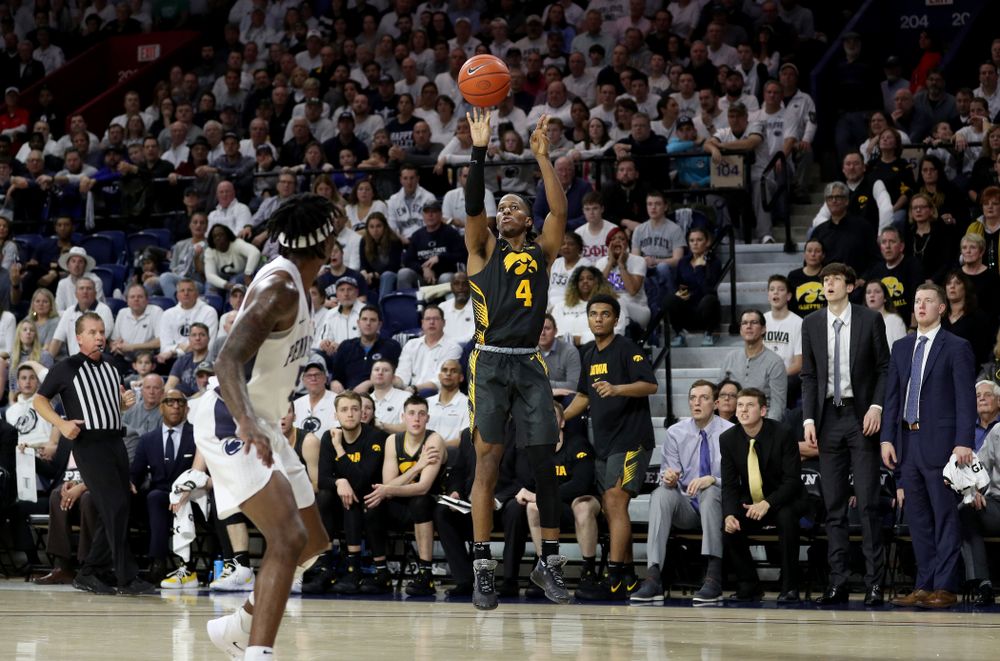 Iowa Hawkeyes guard Bakari Evelyn (4) against Penn State Saturday, January 4, 2020 at the Palestra in Philadelphia. (Brian Ray/hawkeyesports.com)