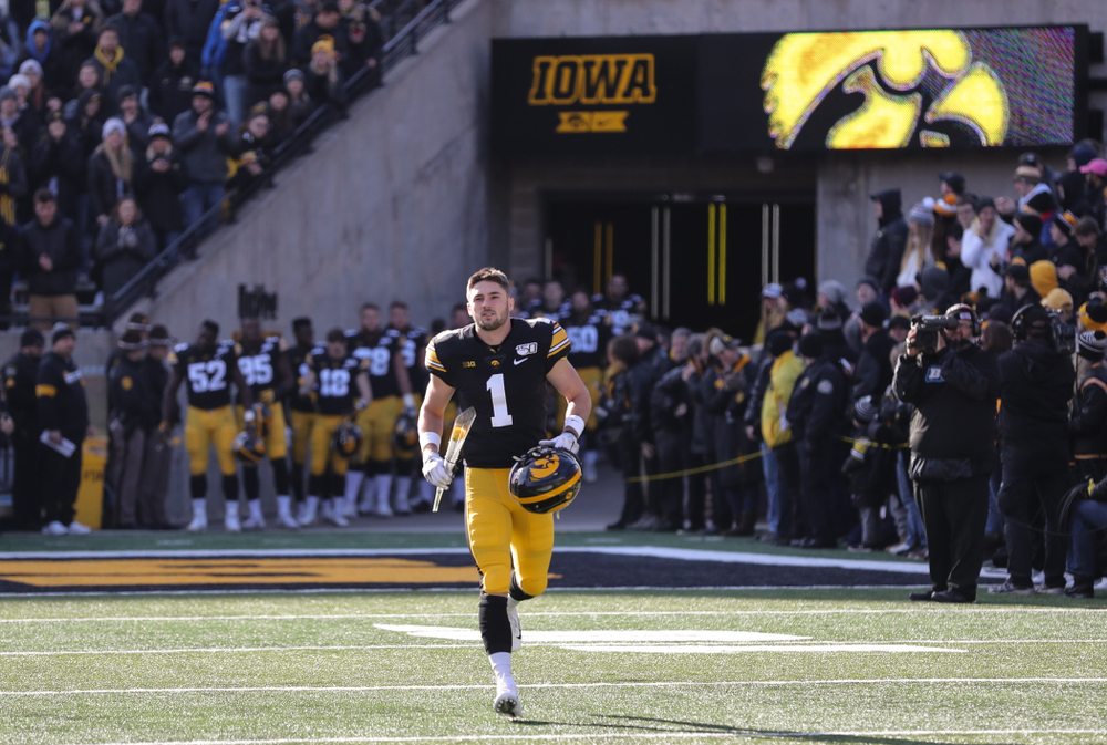 Iowa Hawkeyes defensive back Wes Dvorak (1) during Senior Day festivities before their game against the Illinois Fighting Illini Saturday, November 23, 2019 at Kinnick Stadium. (Brian Ray/hawkeyesports.com)