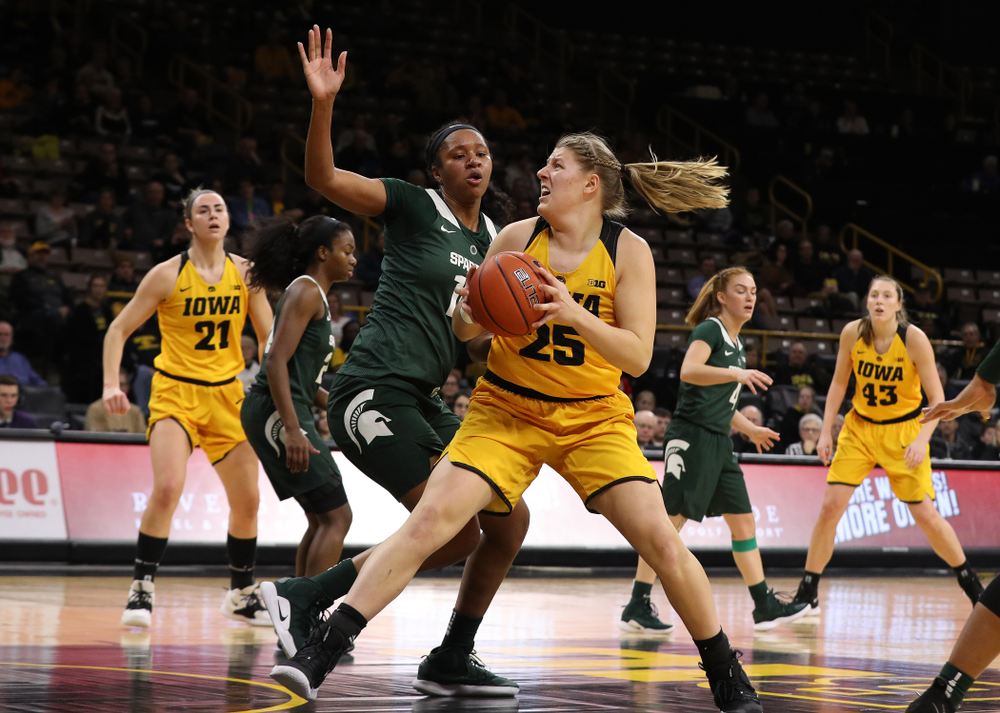 Iowa Hawkeyes forward/center Monika Czinano (25) against the Michigan State Spartans Thursday, February 7, 2019 at Carver-Hawkeye Arena. (Brian Ray/hawkeyesports.com)