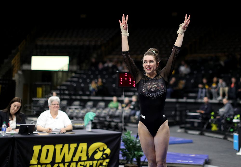 Iowa’s Bridget Killian competes on the vault against Michigan Friday, February 14, 2020 at Carver-Hawkeye Arena. (Brian Ray/hawkeyesports.com)