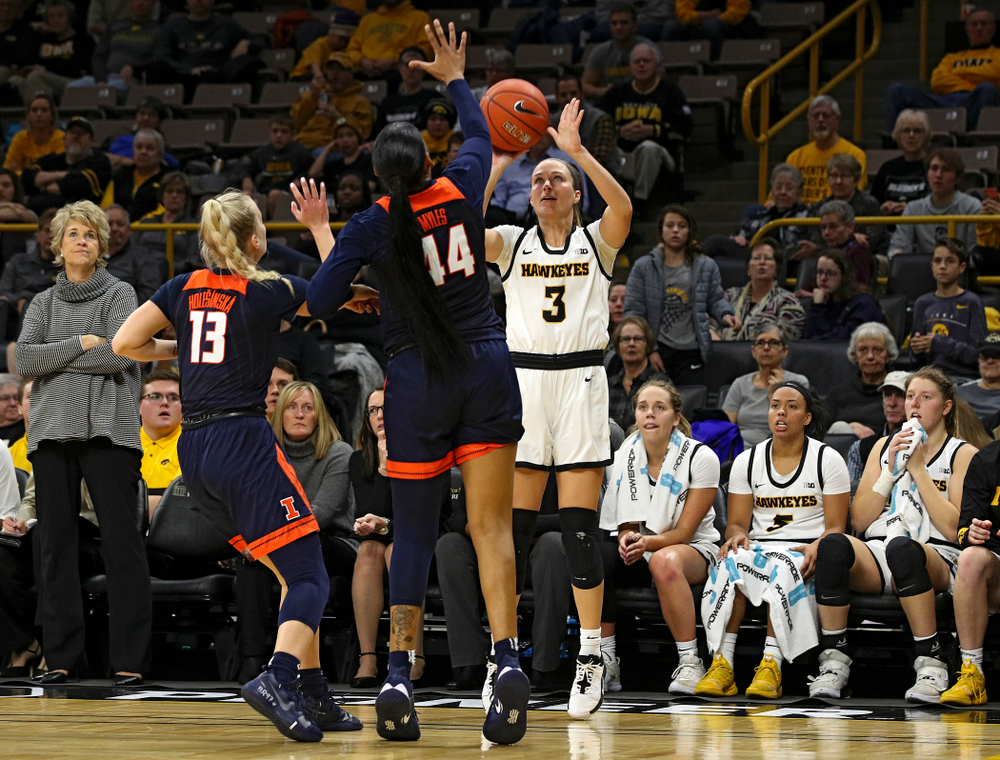 Iowa Hawkeyes guard Makenzie Meyer (3) makes a 3-pointer during the third quarter of their game at Carver-Hawkeye Arena in Iowa City on Tuesday, December 31, 2019. (Stephen Mally/hawkeyesports.com)