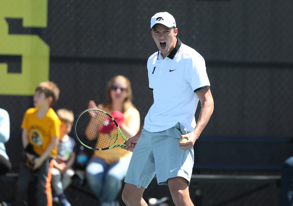 IowaÕs Joe Tyler and Nikita Snezhko play a doubles match against the Michigan Wolverines Sunday, April 21, 2019 at the Hawkeye Tennis and Recreation Complex. (Brian Ray/hawkeyesports.com)