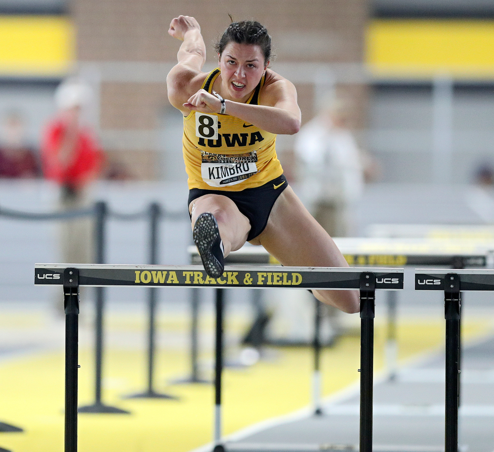 Iowa’s Jenny Kimbro runs the women’s 60 meter hurdles premier preliminary event during the Larry Wieczorek Invitational at the Recreation Building in Iowa City on Saturday, January 18, 2020. (Stephen Mally/hawkeyesports.com)