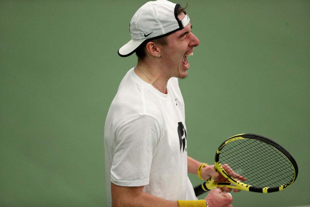 Iowa’s Nikita Snezhko against Cornell Sunday, March 8, 2020 at the Hawkeye Tennis and Recreation Center. (Brian Ray/hawkeyesports.com)
